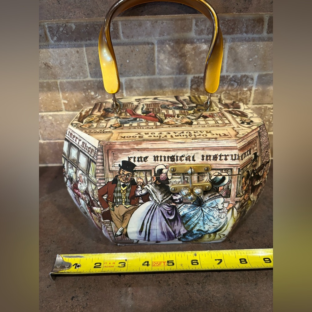 Vintage '70s Anthony Gruerio Decoupage Octagonal Wooden Purse with Lucite Handle